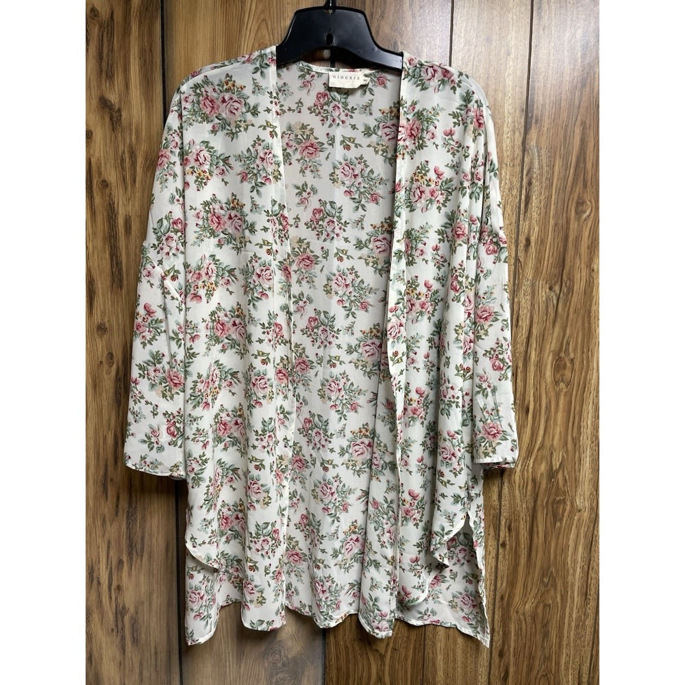 Ninexis Woman White Pink Green Floral Cover Up Open Front Top Chiffon Med Lg